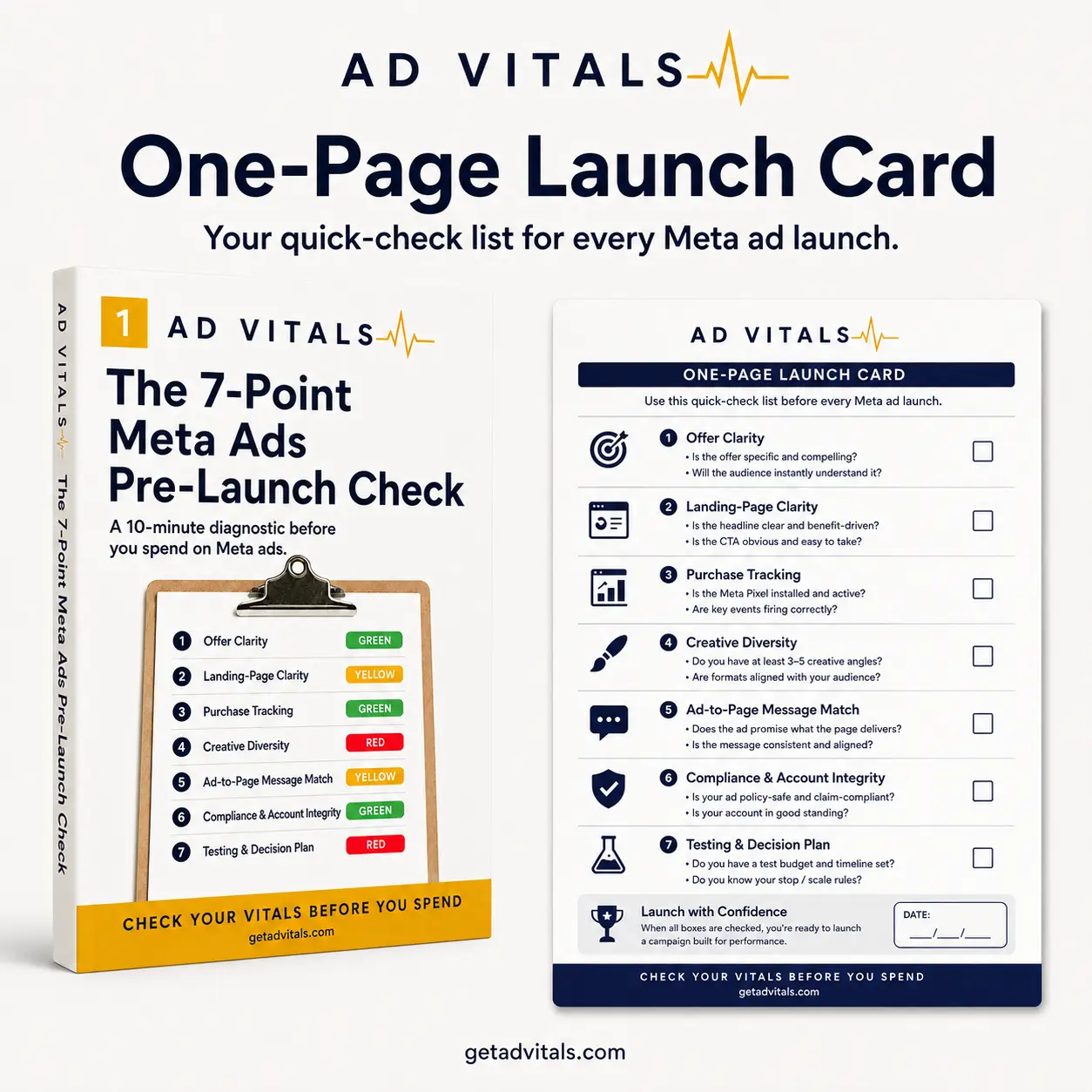 Printable Ad Vitals one-page Meta ads launch card
